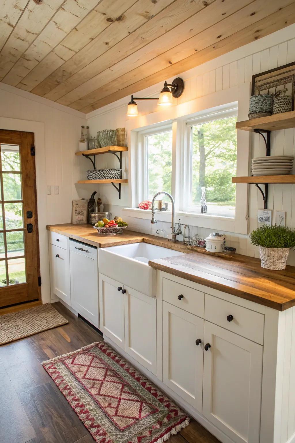 Warm butcher block worktops complement the white cabinets.