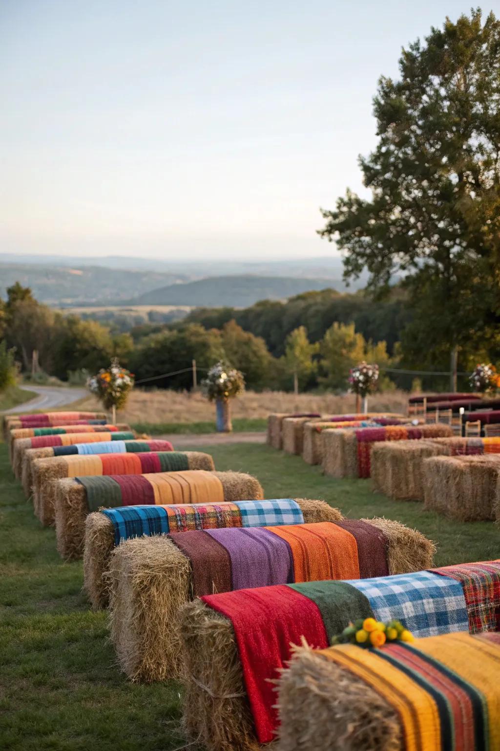 Hay bale seating offers rustic charm and comfort.