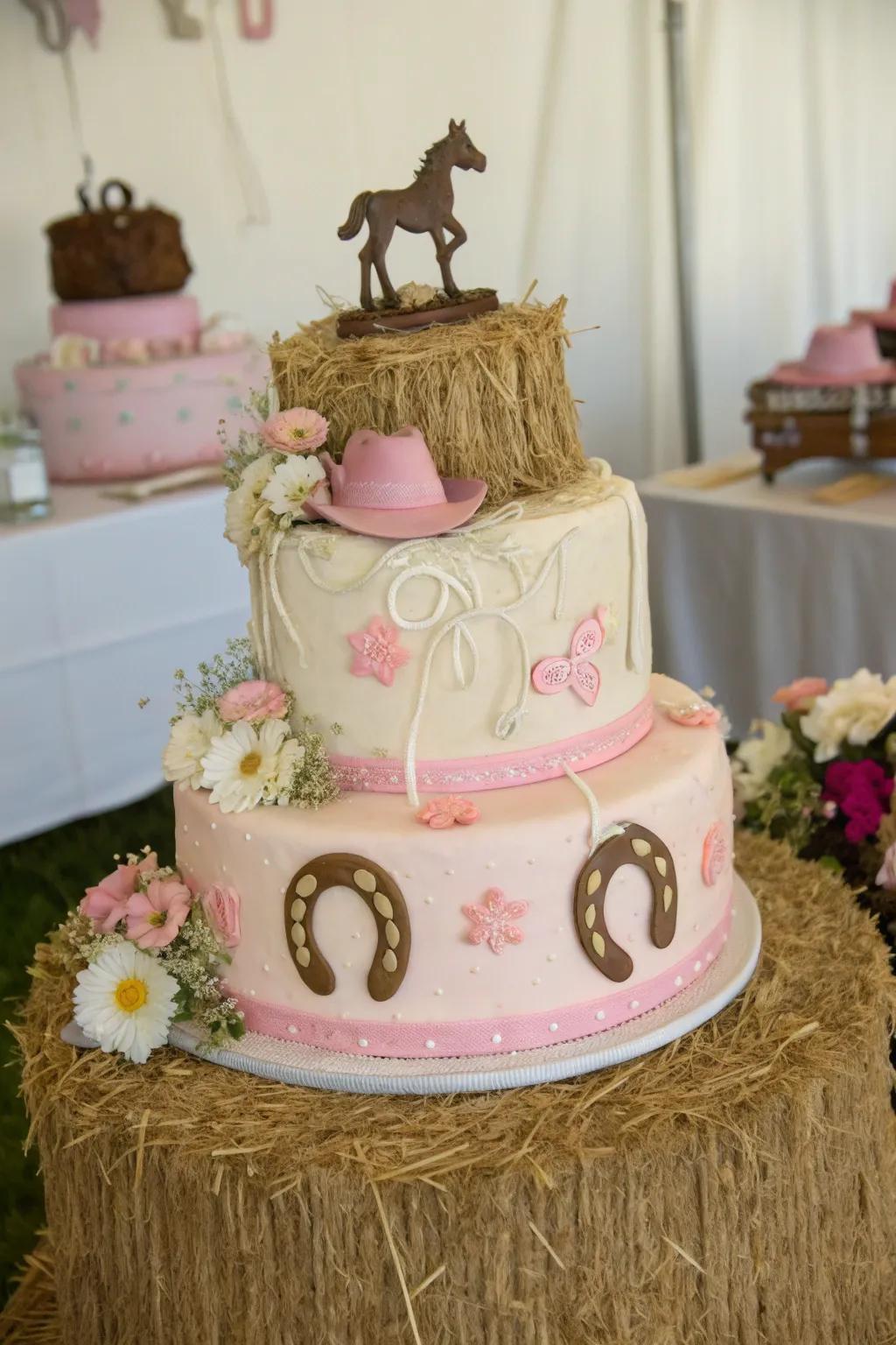 A hay stack base appends country charm to this cowgirl baby shower cake, creating a rustic and inviting ambiance.