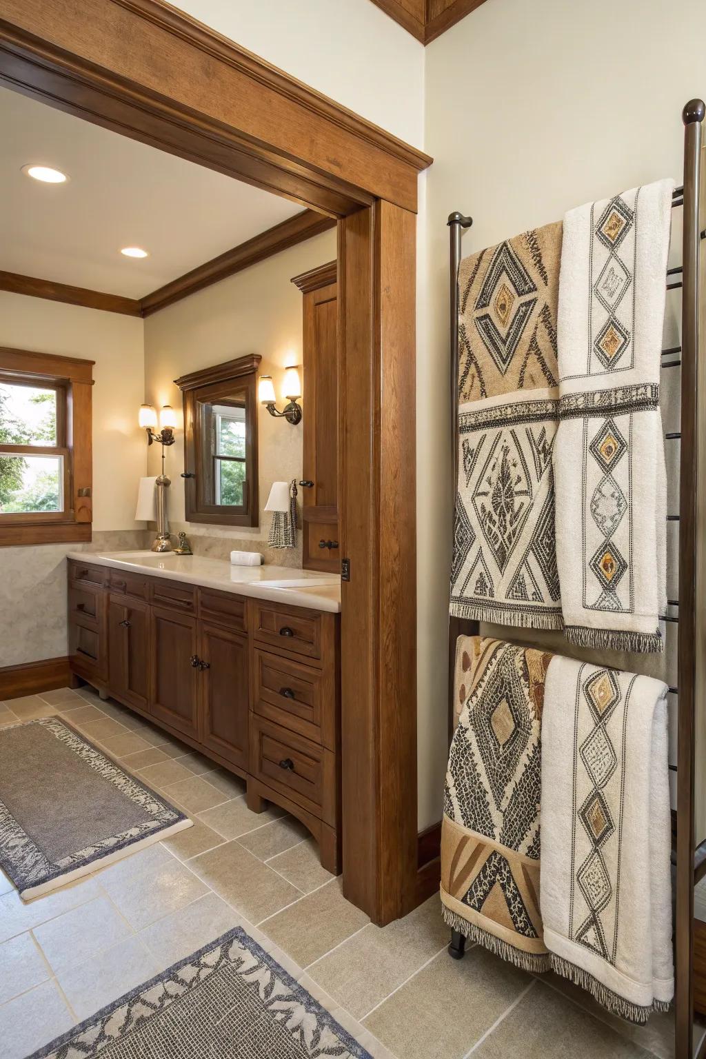 Artisanal textiles adding a personal touch to the craftsman bathroom.