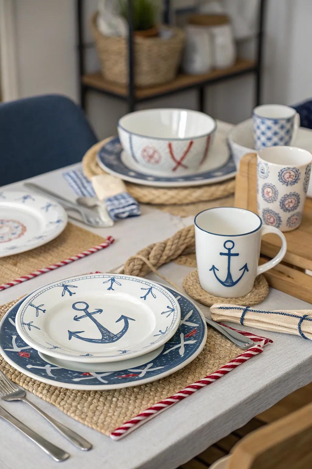 Nautical tableware ties the theme together.