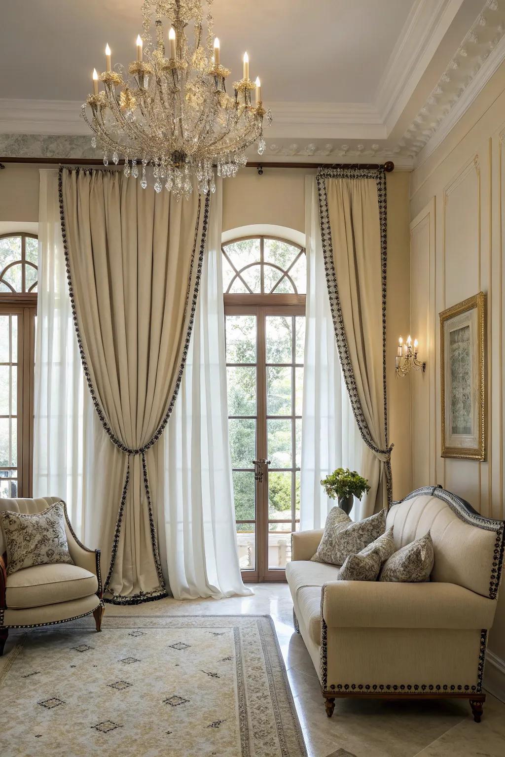 Contrast edging adds a sophisticated edge to curtain designs.