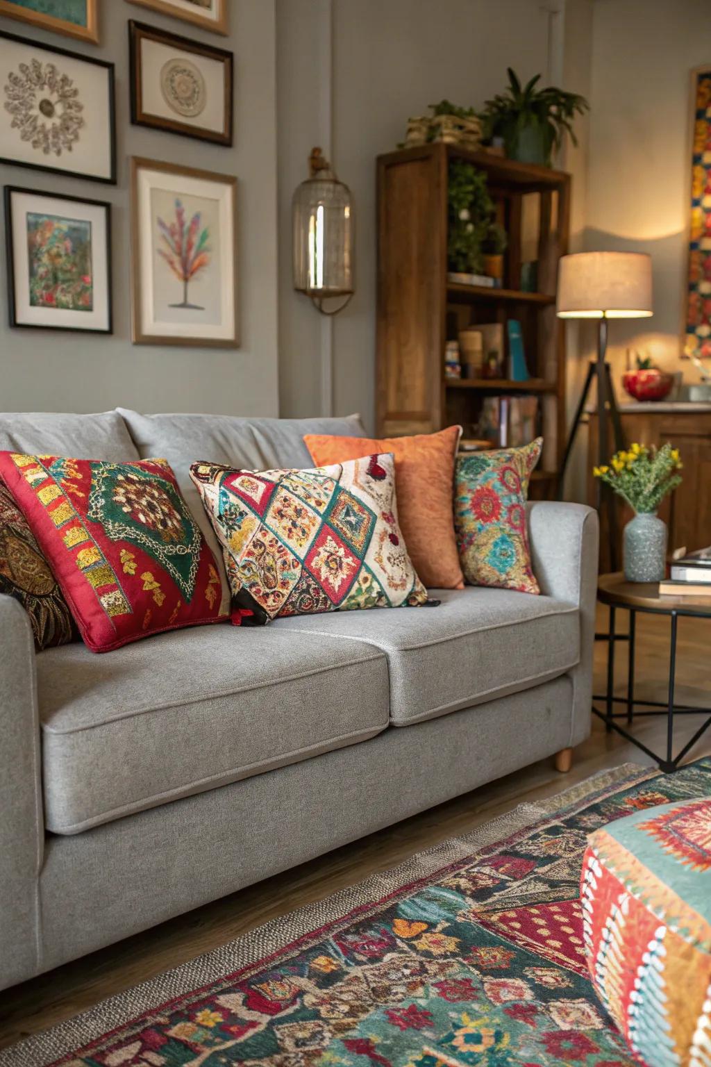 An eclectic fusion of pillows showcases character on a charcoal sofa.