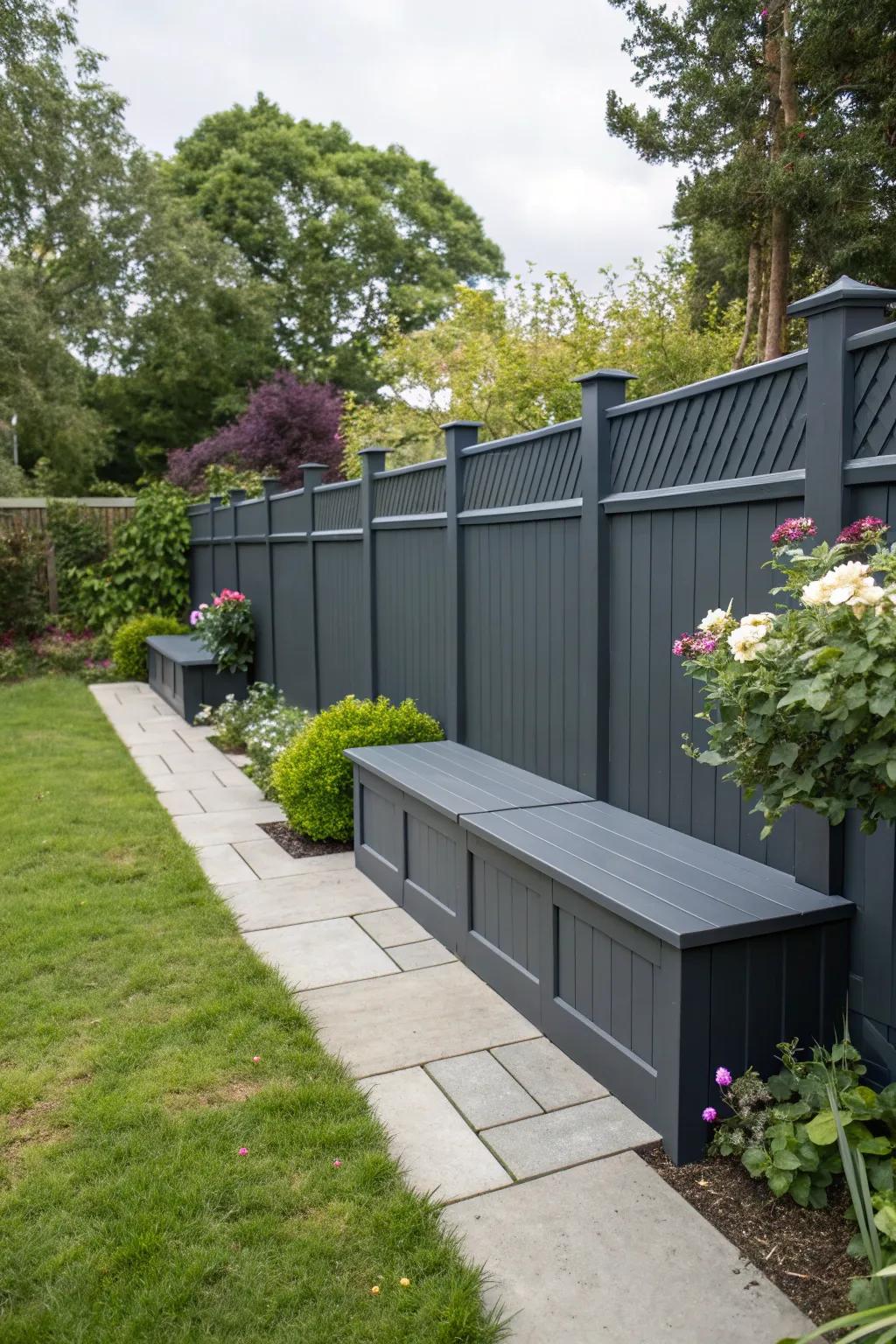 A deep charcoal barrier with built-in benches offers seating and storage solutions.