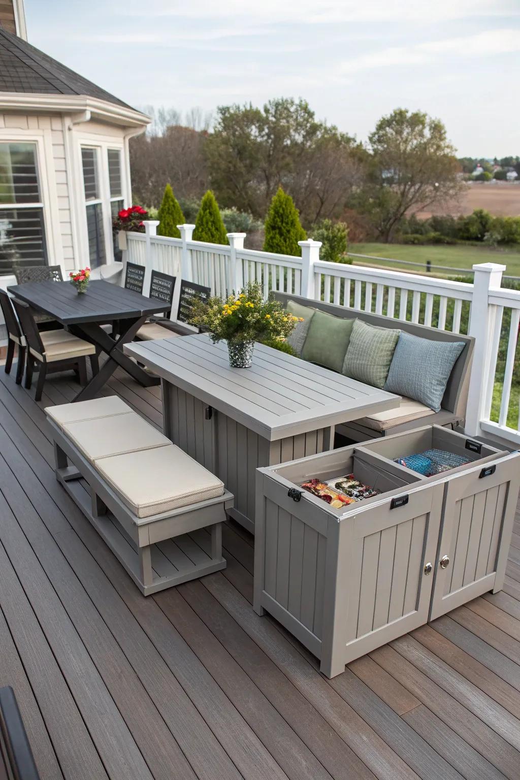 Multifunctional furniture maximizes space and utility on your deck.