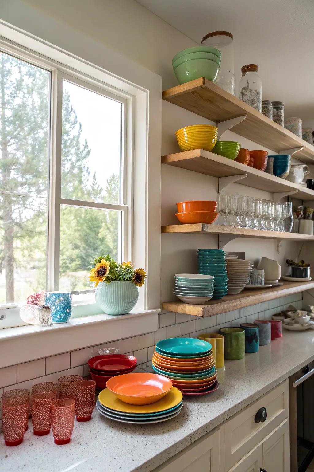 Exposed shelving contributes visual space and individuality to the kitchen.