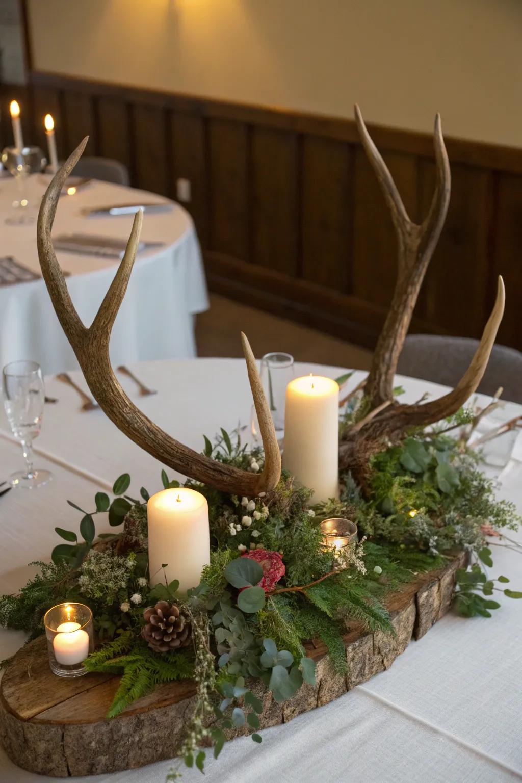 A rustic table focal point featuring deer antlers, lights, and greenery creates a festive dining atmosphere.