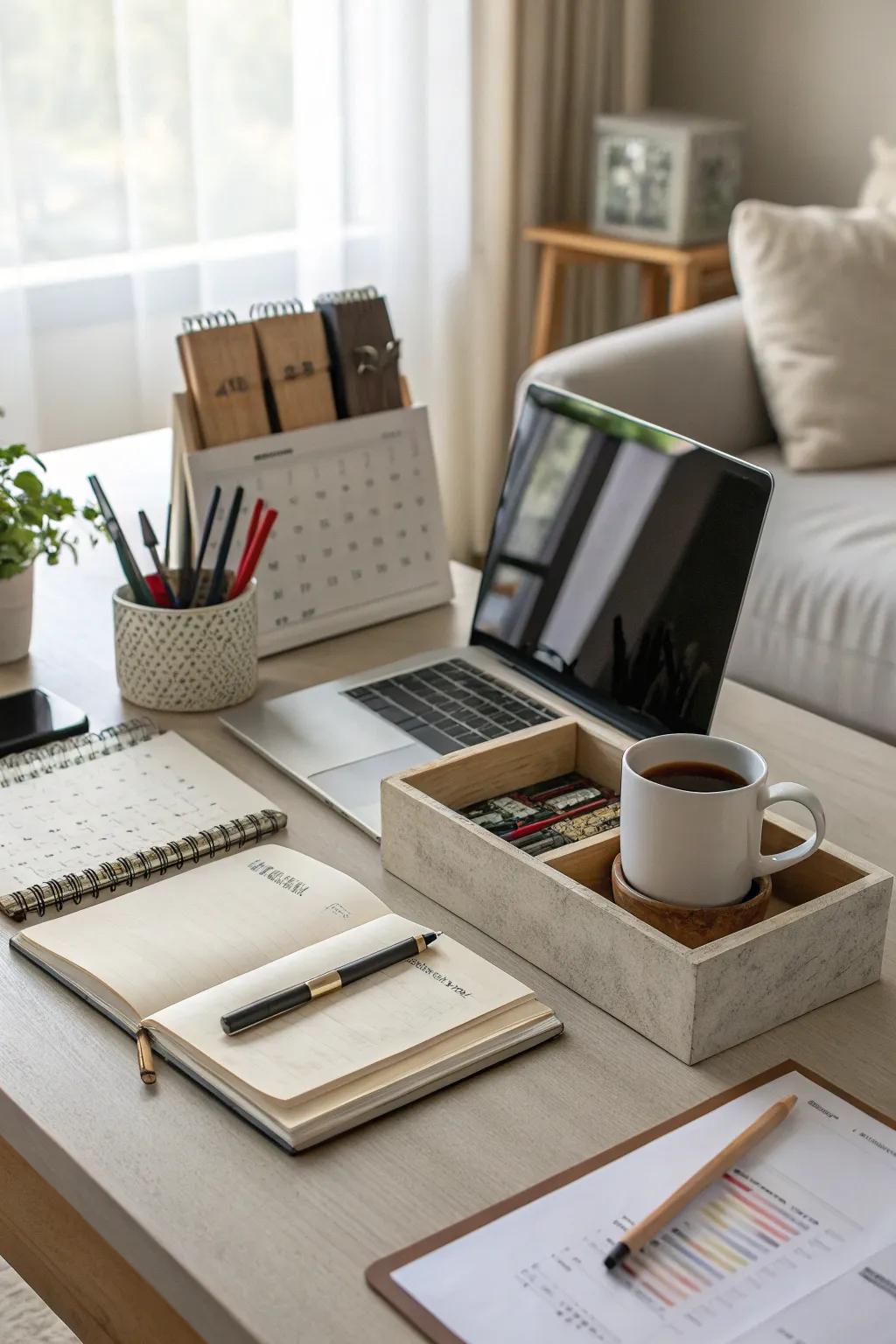 Functional accessories combine practicality and style on the desk.
