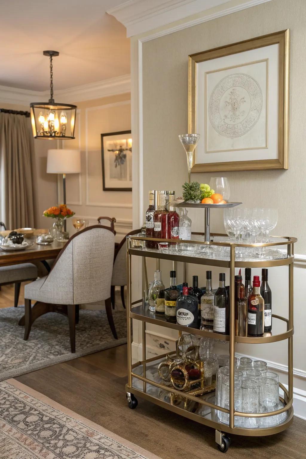 A mobile bar that imparts sophistication and practicality to dining gatherings.