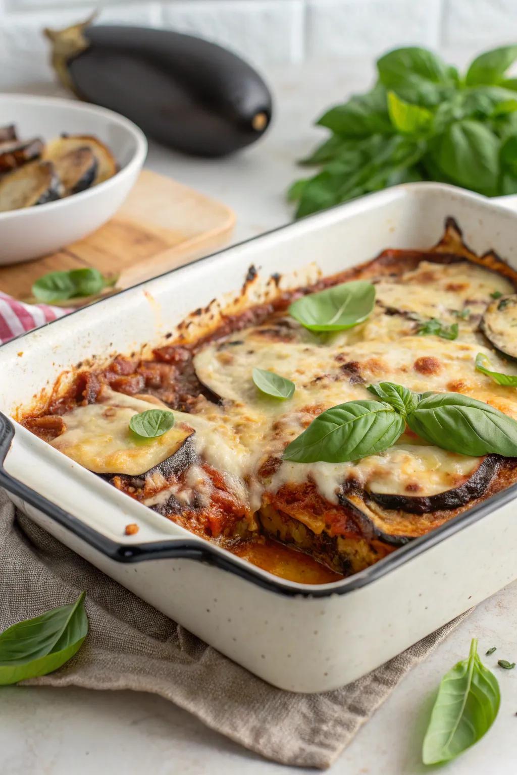 Layered eggplant Parmesan with bubbling cheese, a comforting family favorite.