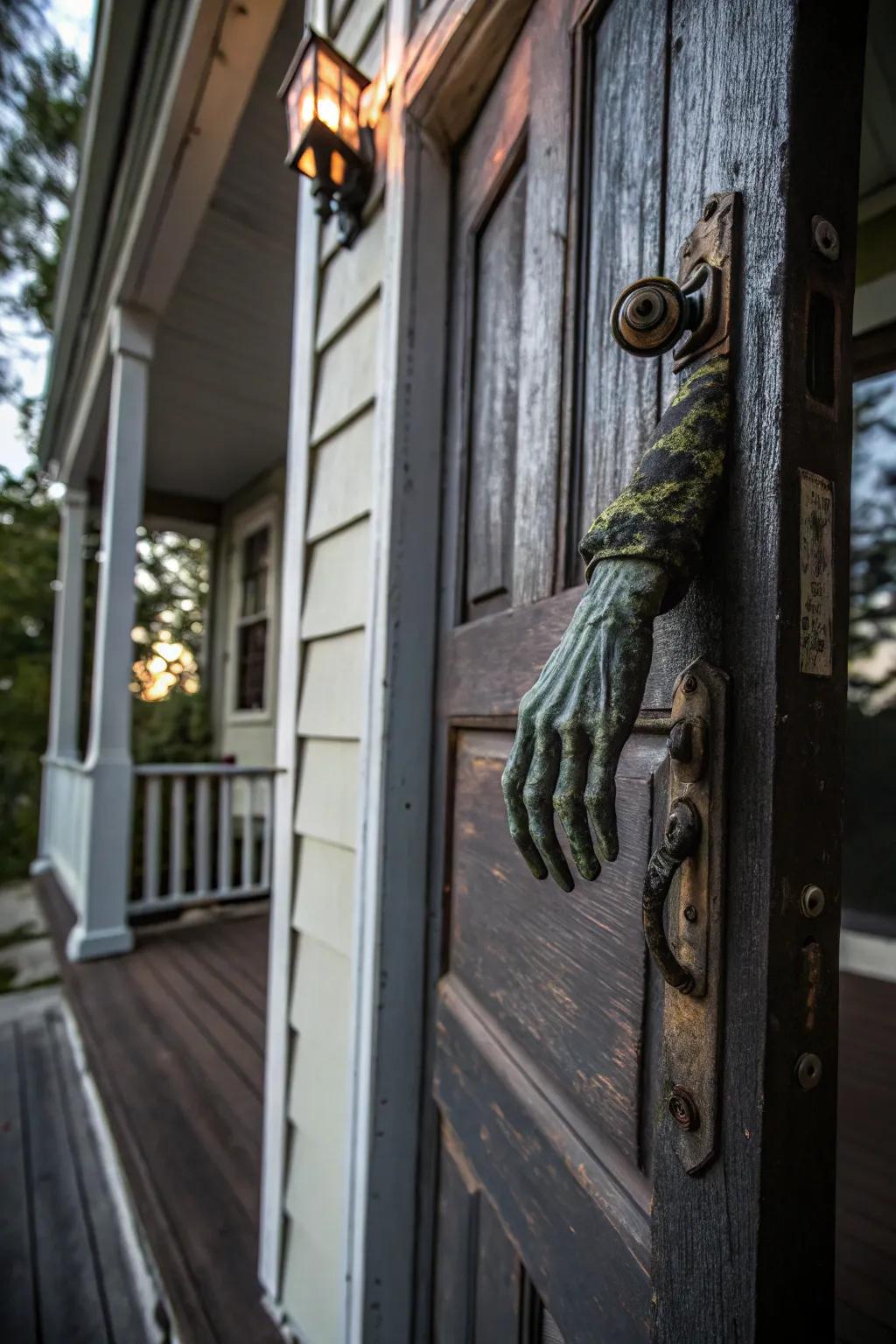 A zombie appendage door knocker adds a spooky flair.
