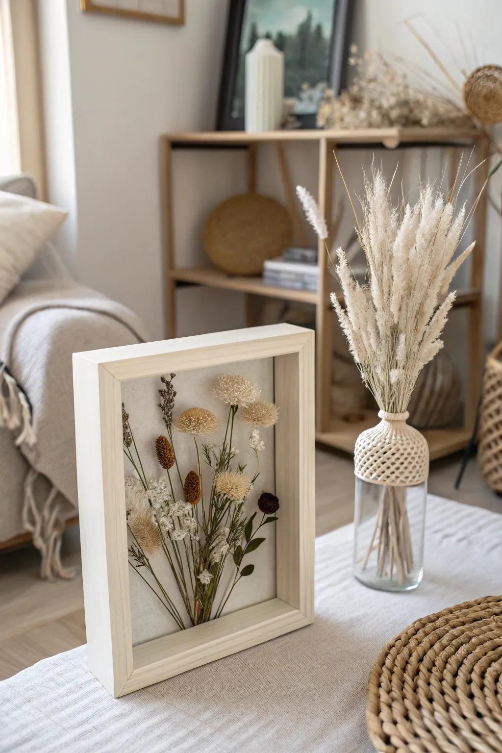 Create a bold statement with a monochrome dried flower display case.