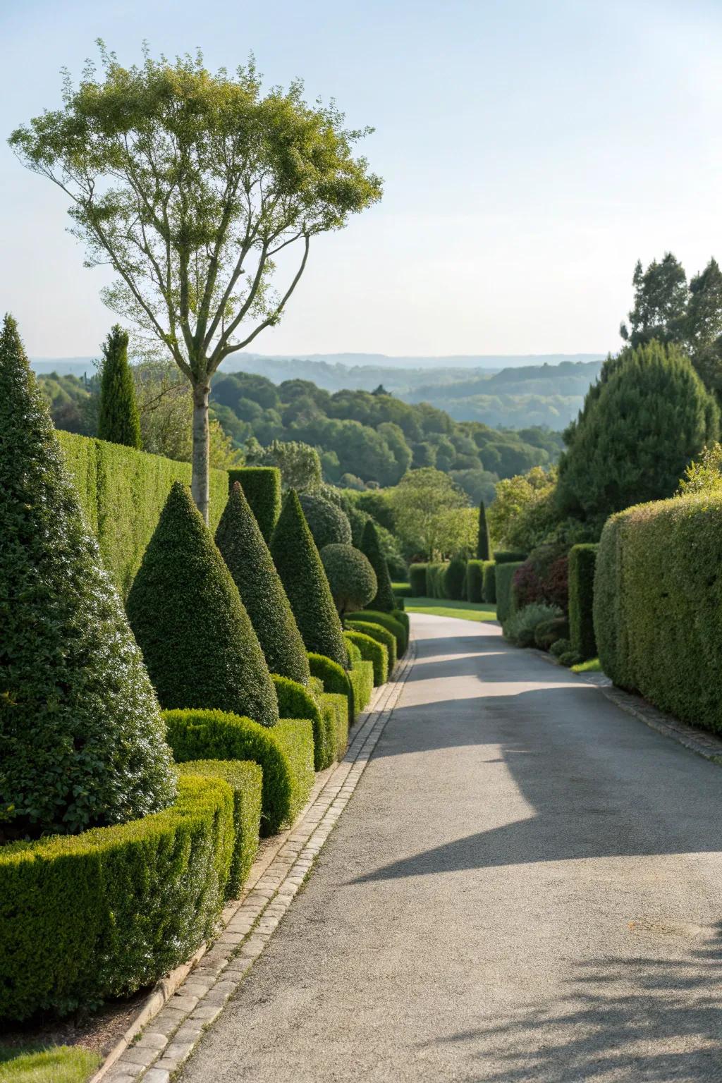 Geometric hedges rendering a daring and artistic announcement alongside a driveway.
