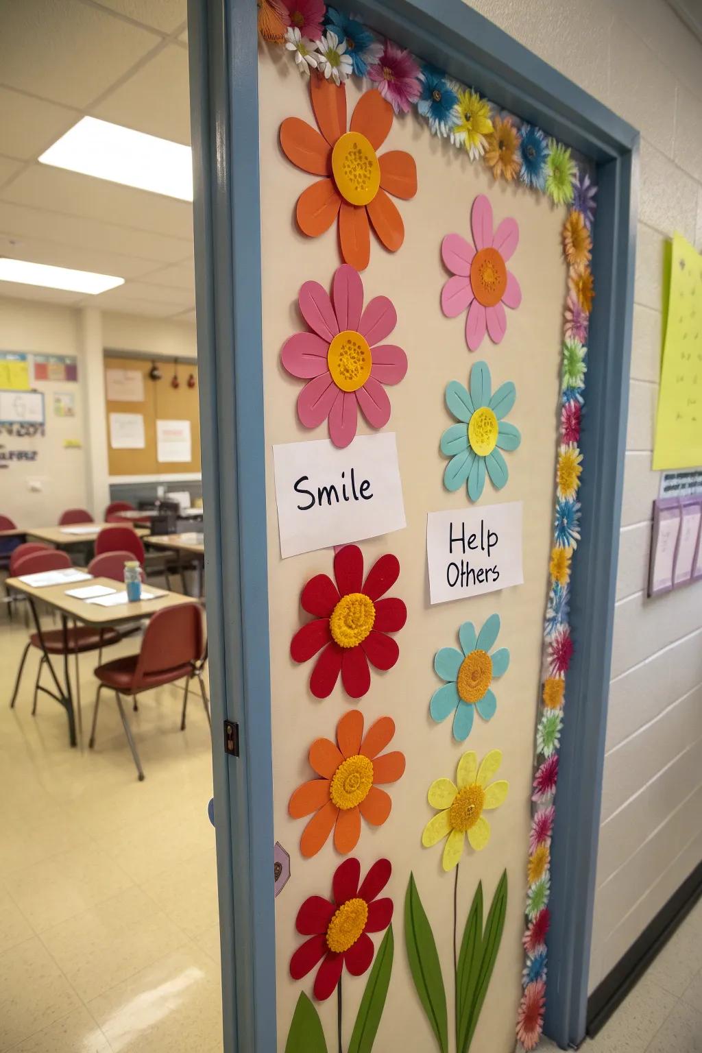 A garden of kindness blooms on this classroom door, encouraging warmth and compassion.