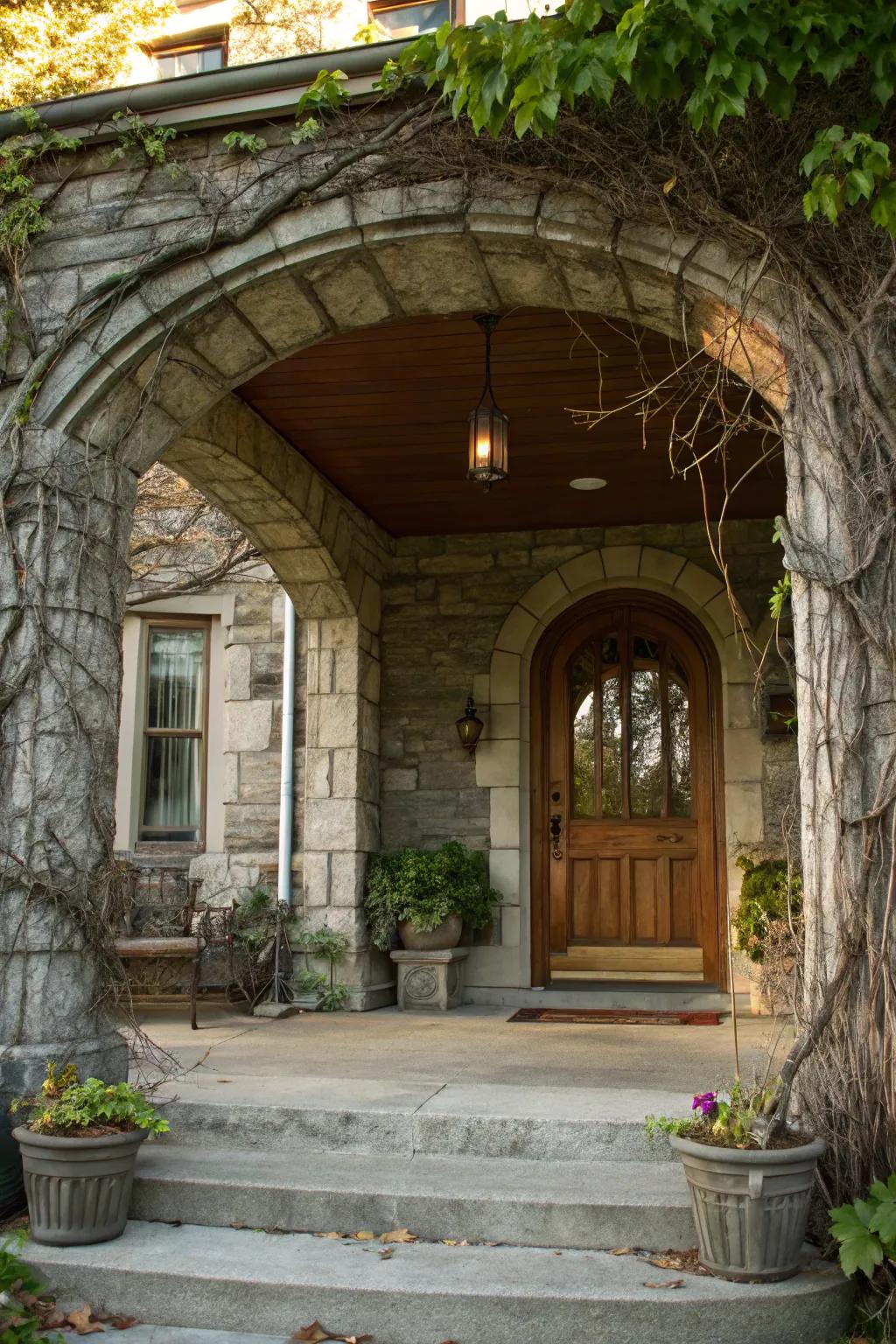 A beautiful stone gateway enhancing the elegance of the front porch.