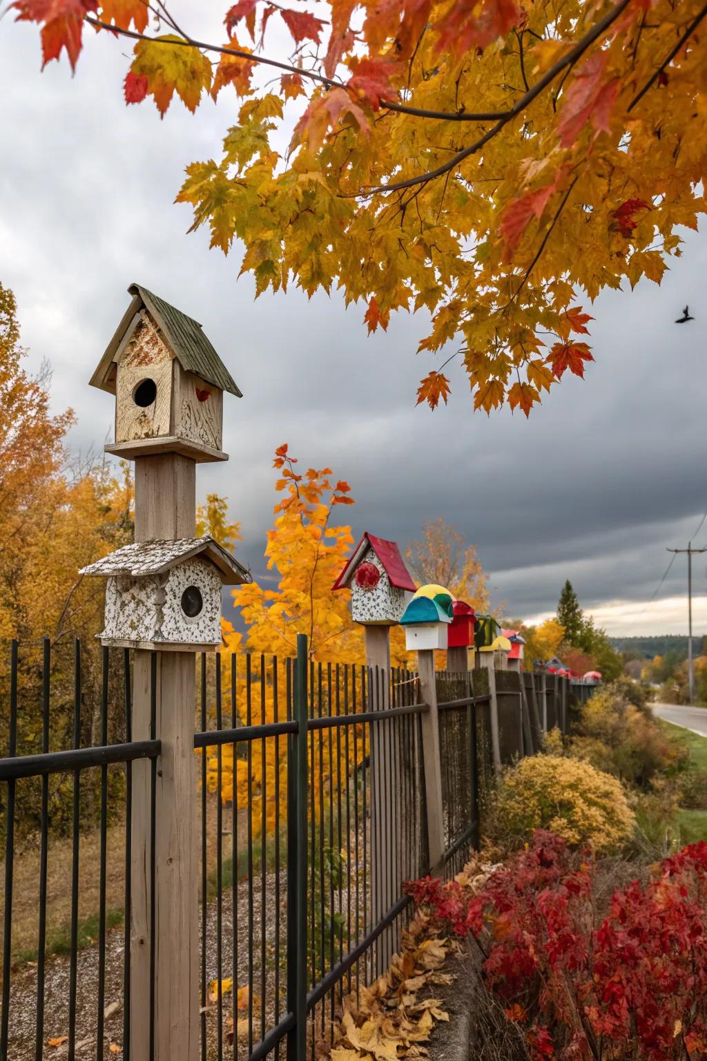 Decorative birdhouses impart a whimsical touch to the fence.
