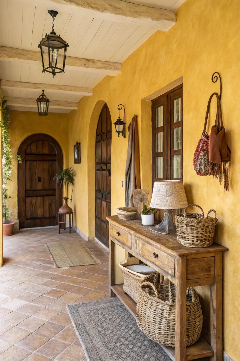 Golden yellow walls create a sunny, welcoming entryway.