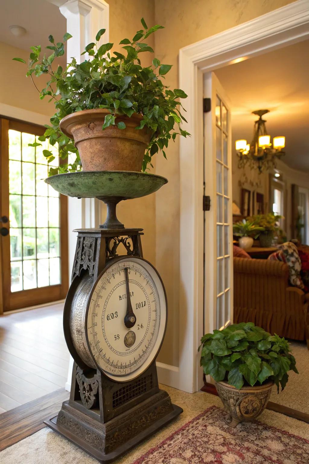 A artistic plant container stand employing a classic balance.