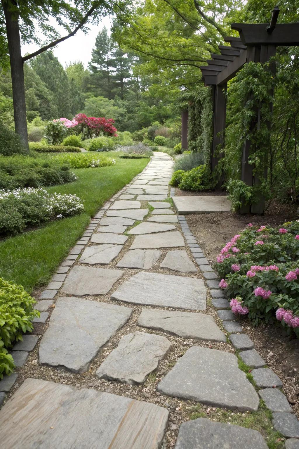 Symmetrical cobblestone trail conveying a sense of harmony and tranquility.