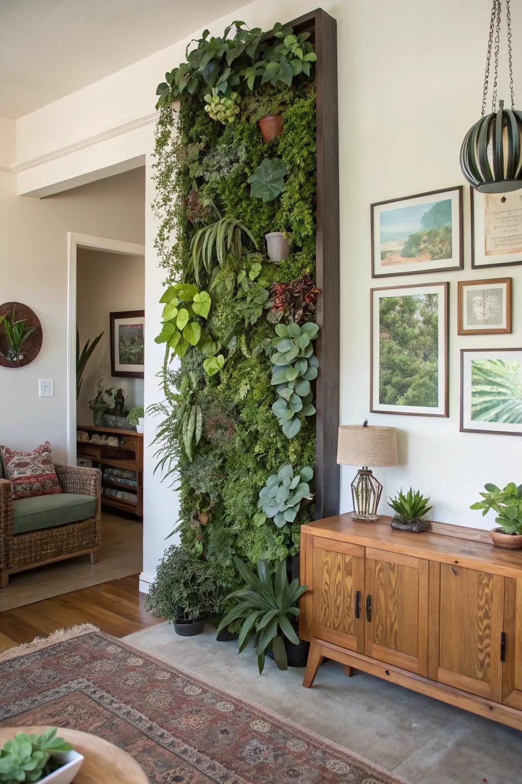 An innovative vertical botanical exhibit displaying succulents.