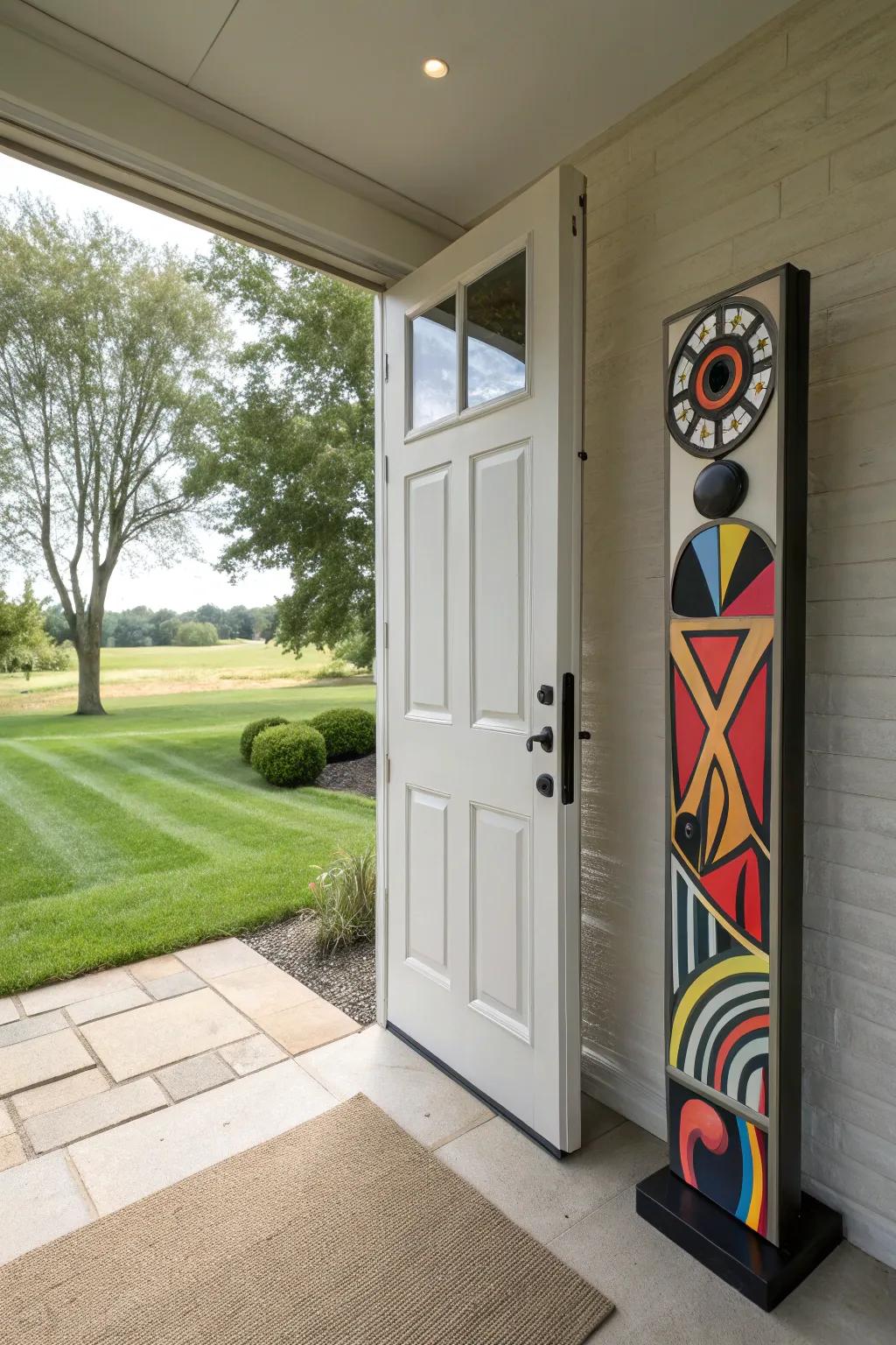 Outdoor art refines the aesthetic of the entry.