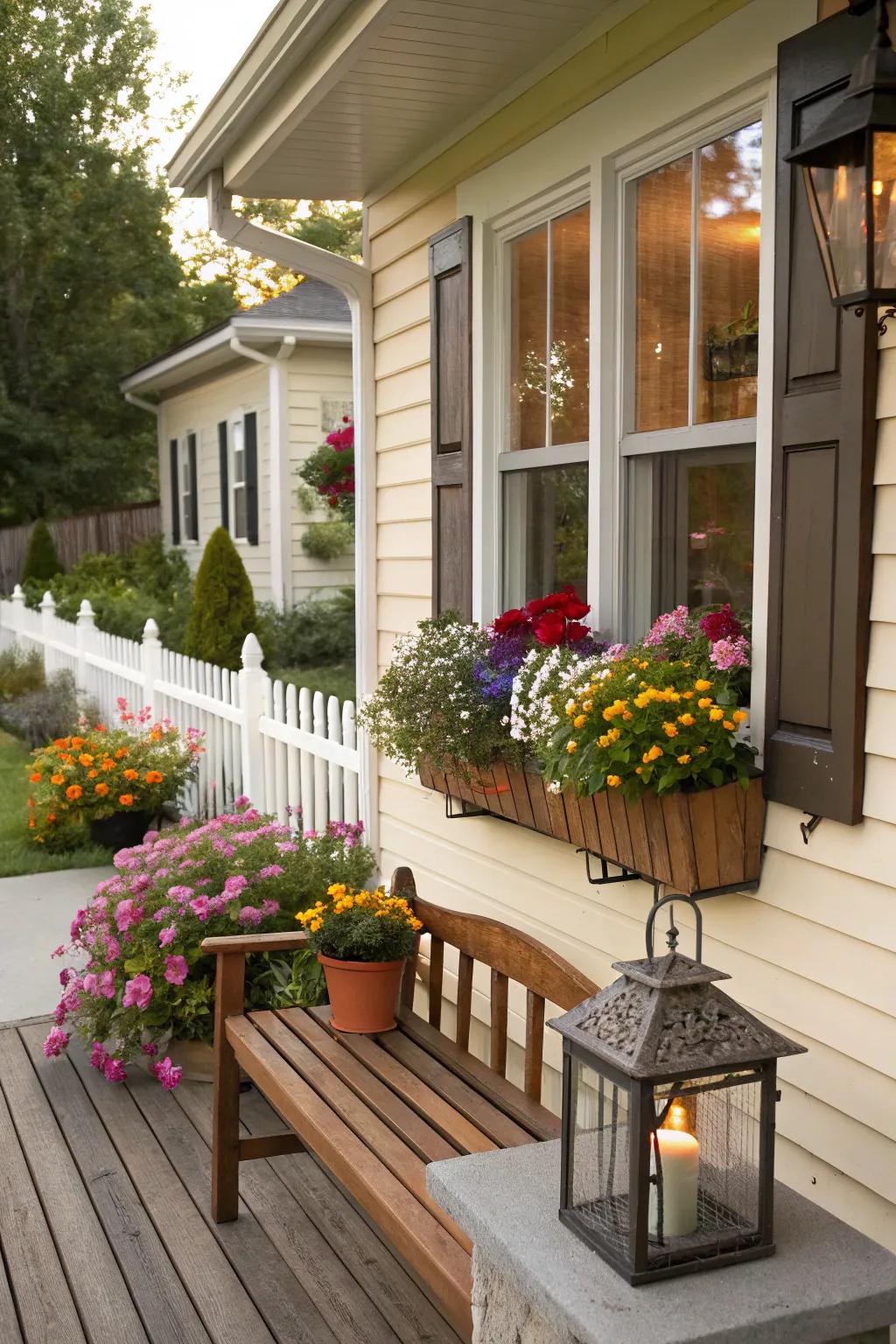 Window boxes are filled with colorful flowers on a front porch.