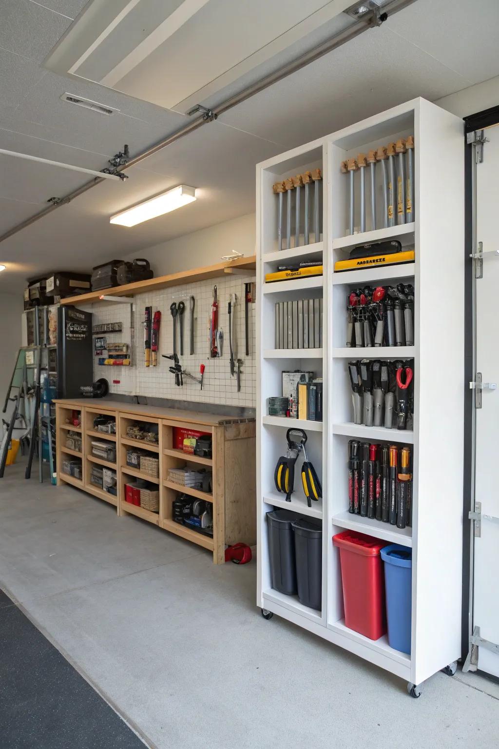 Bookshelf partitions offer storage and style in one.