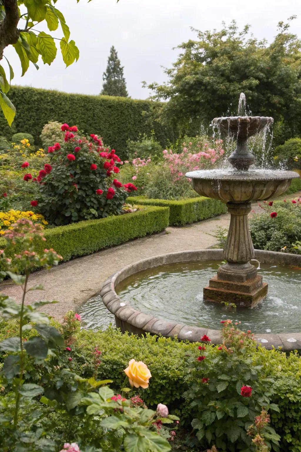 A tranquil garden area enhanced by a water feature.