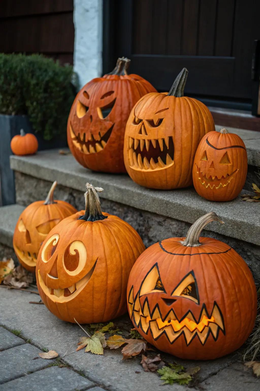 A compilation of fabulous visage pumpkins, each showcasing an individual personality.