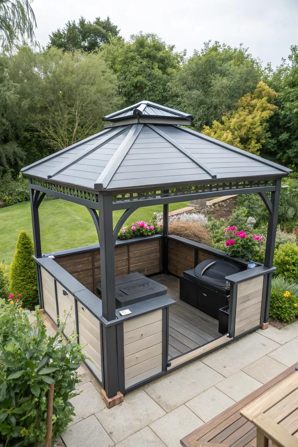 A gazebo with a pull-back canopy, presenting flexibility for any event.