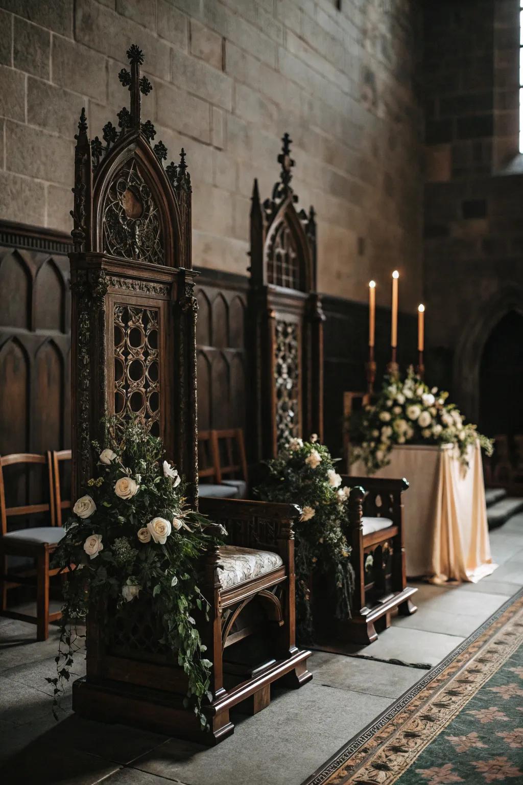 A Gothic wedding seating arrangement showcasing vintage ornate chairs.