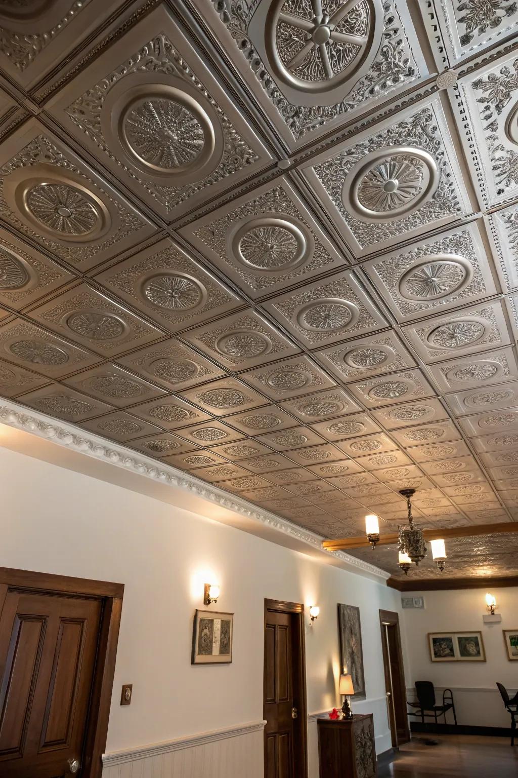 Tin tiles add vintage elegance and a unique shimmer to ceilings.