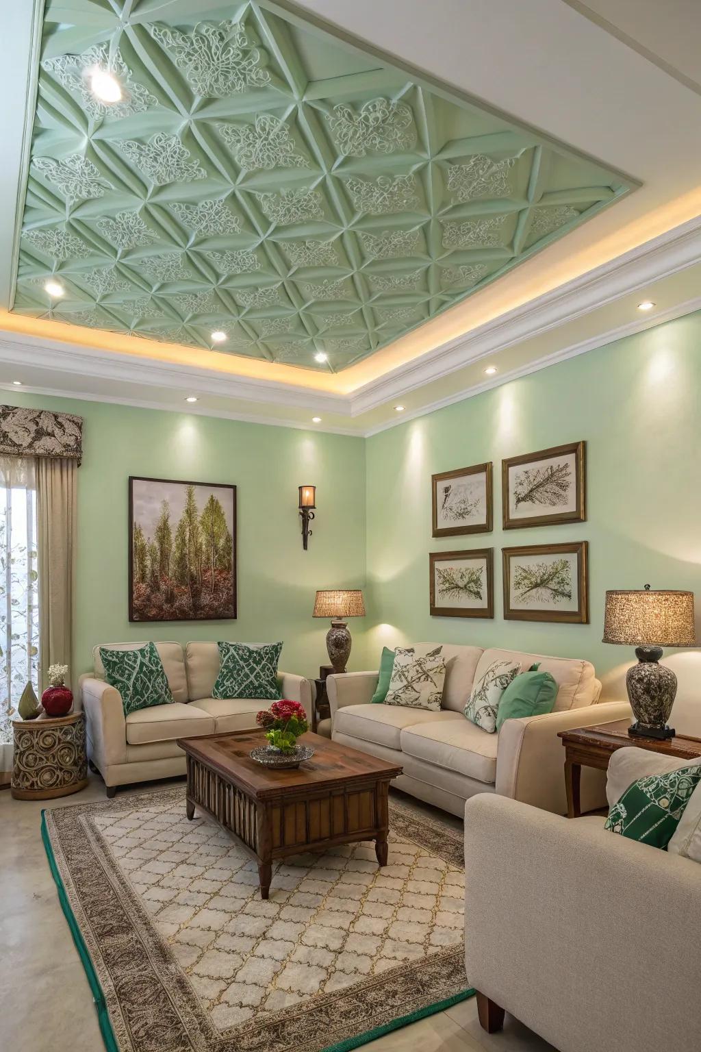 A verdant ceiling introduces an unexpected element to this cohesive living space.