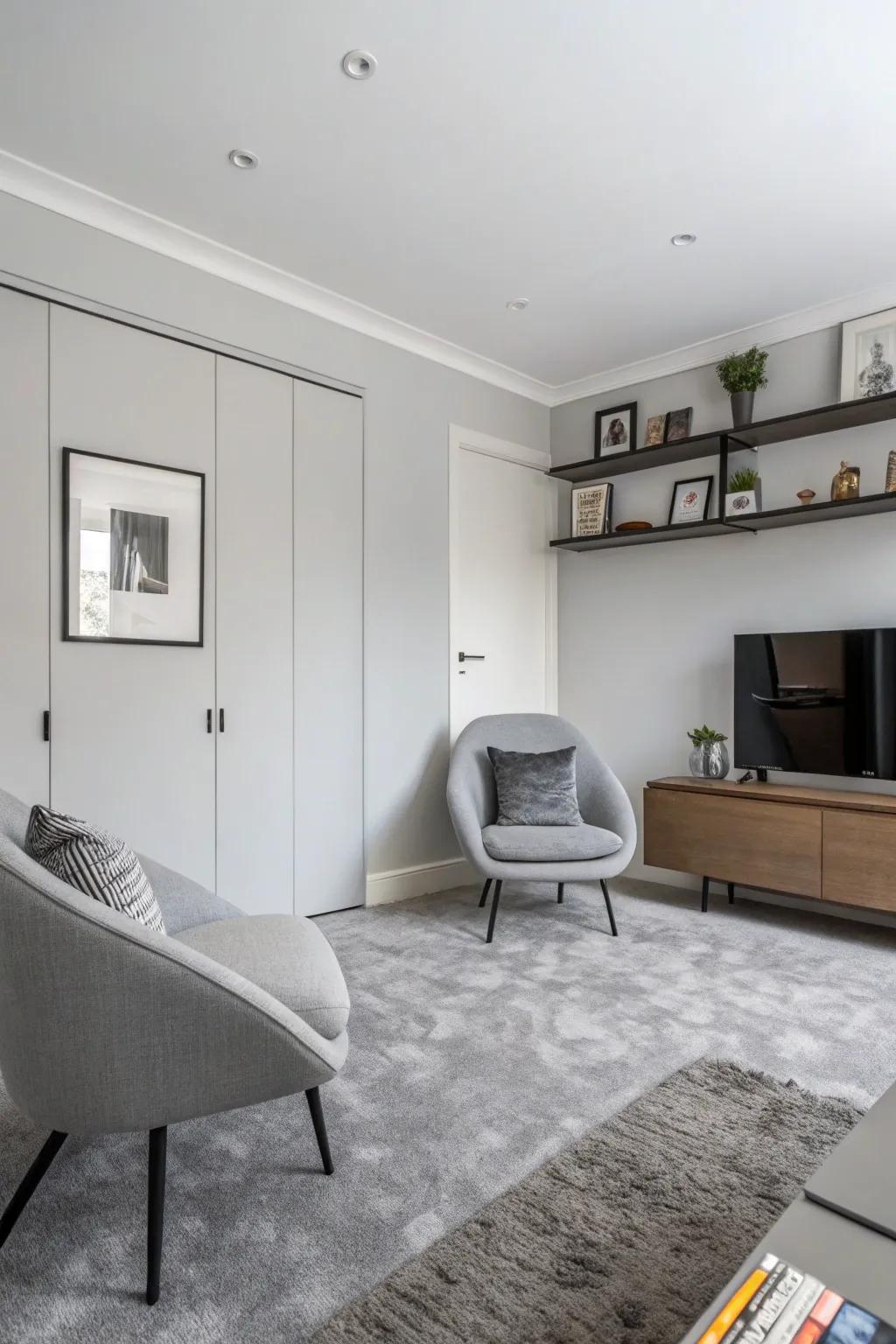 Light ash walls create a seamless monochromatic look with gray carpets.