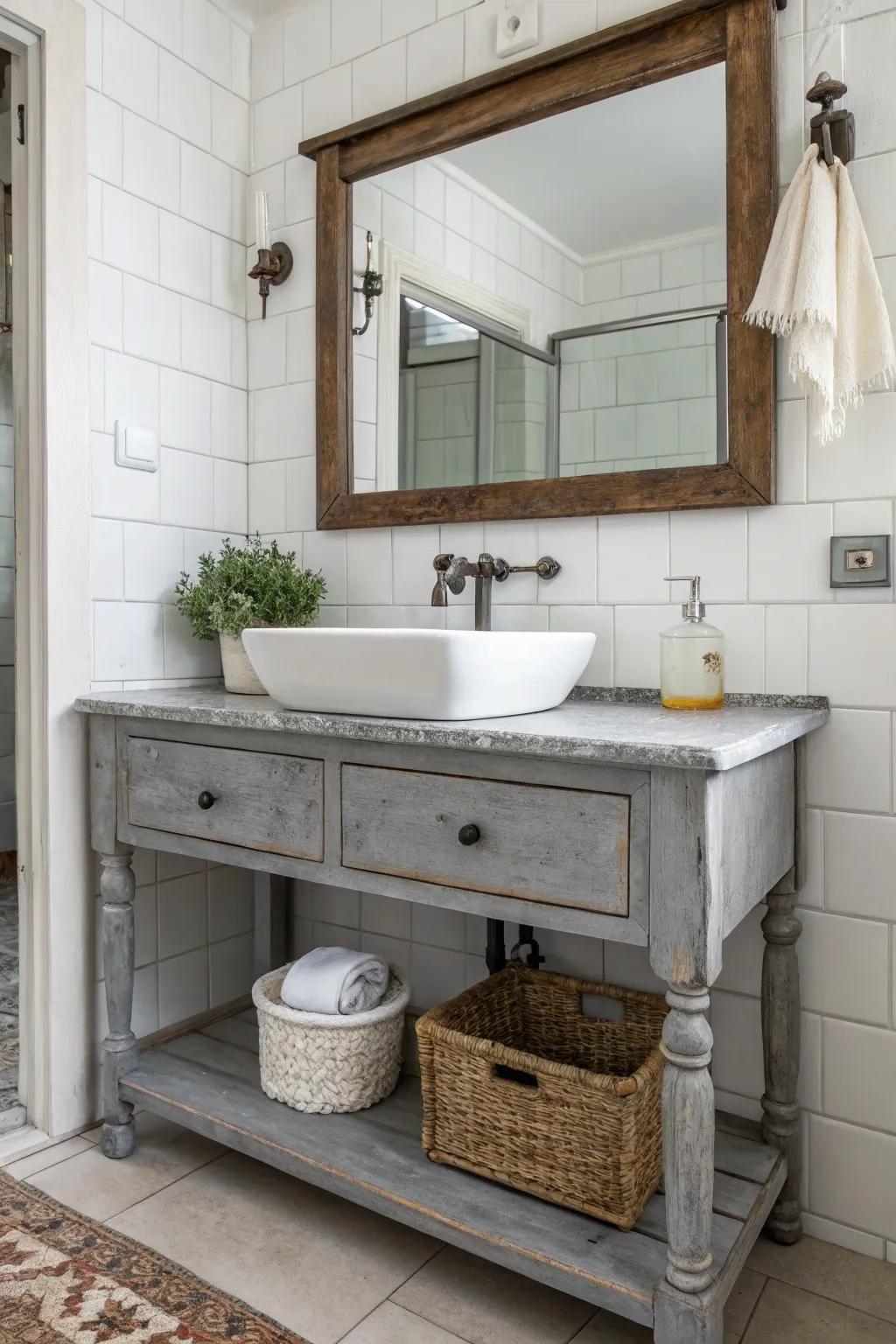 A vintage table repurposed as a grey vanity adds unique character.