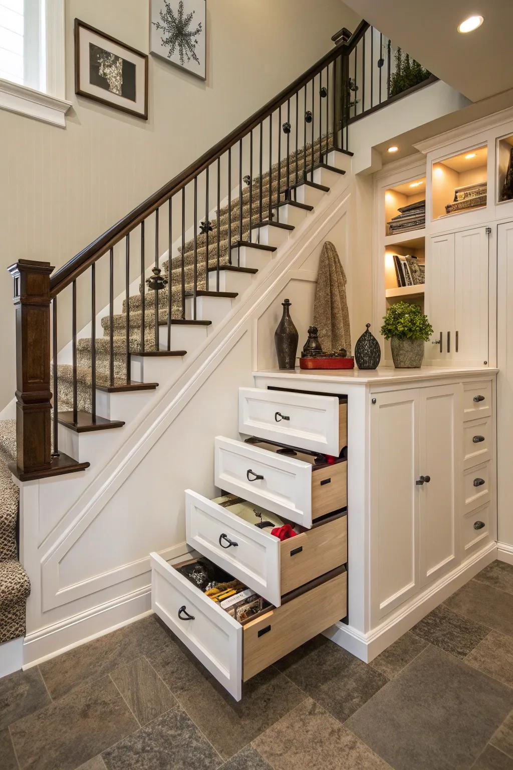 Built-in storage can effectively utilize space under the stairs.