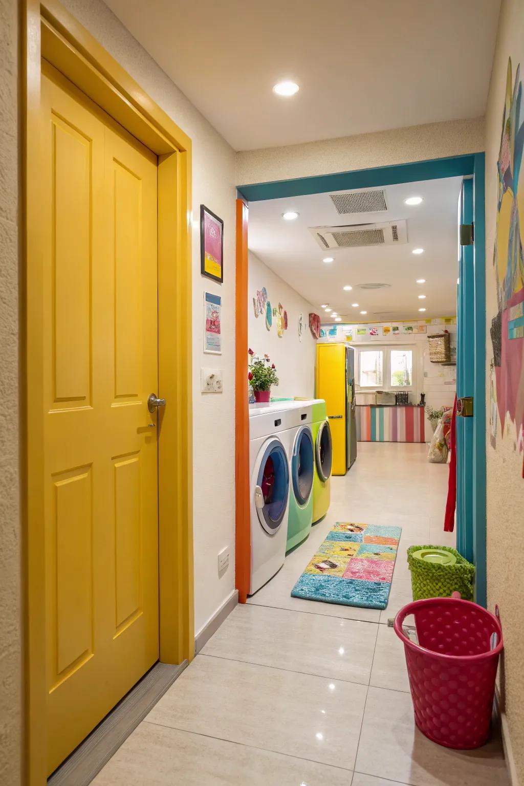 A boldly colored door injects a lively and playful touch to a hallway laundry room.