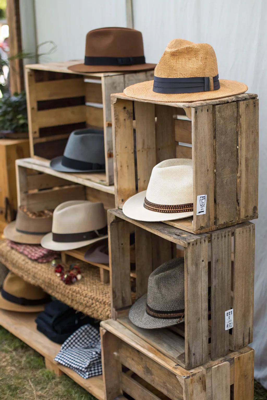Rustic crates introduce farmhouse charm to your hat exhibit.