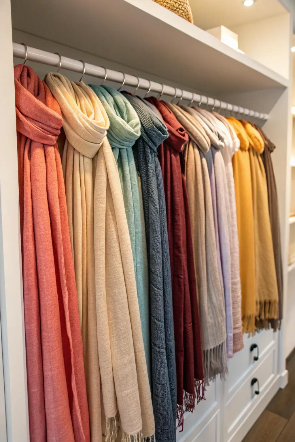 Color-coded storage introduces sophistication and ease to scarf selection.