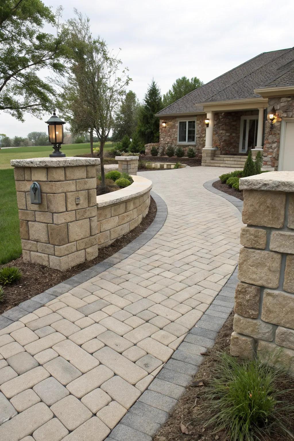 Retaining walls add dimension and structure to this spacious entrance.