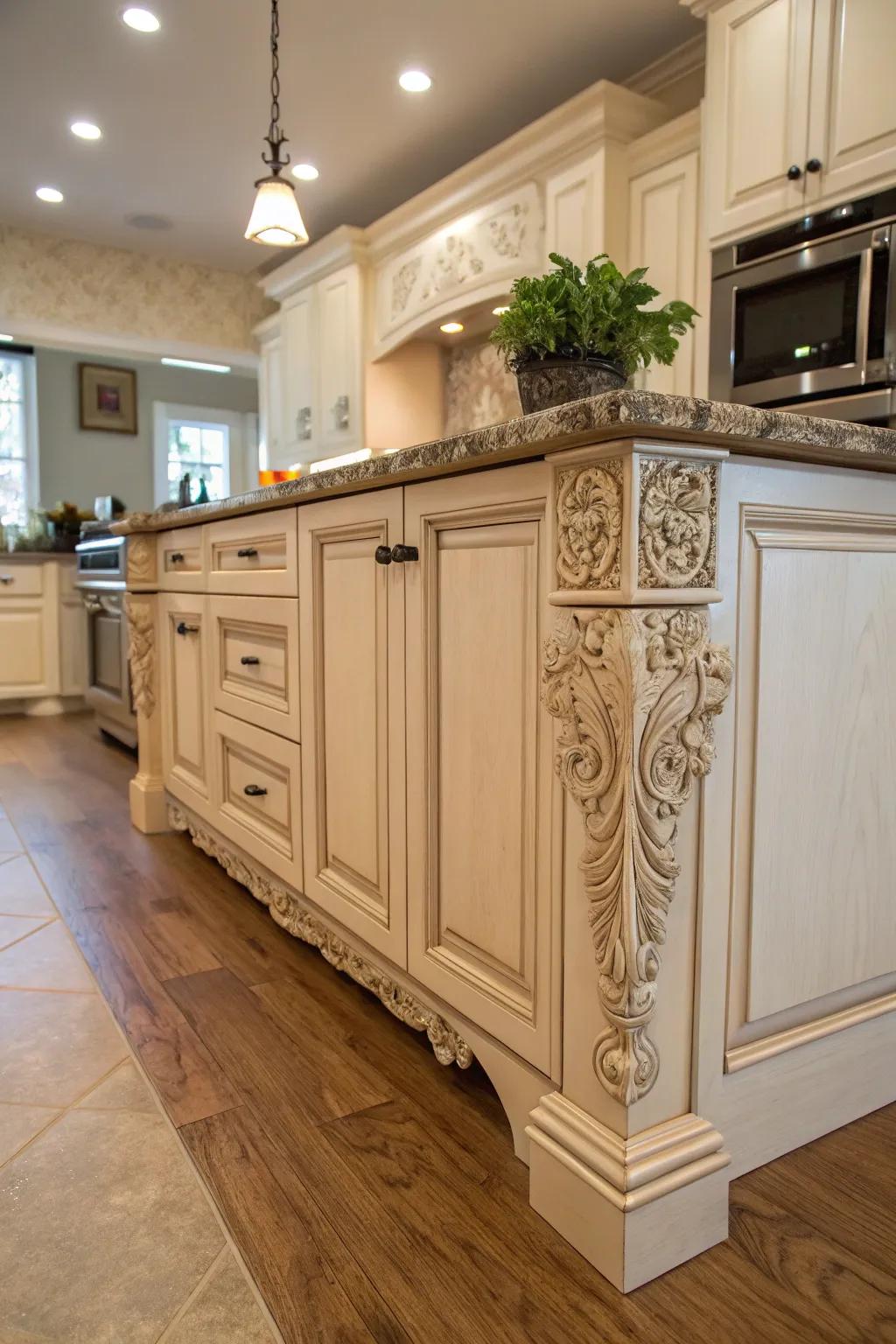 Bespoke etched supports interject a personal flourish into cabinetry.