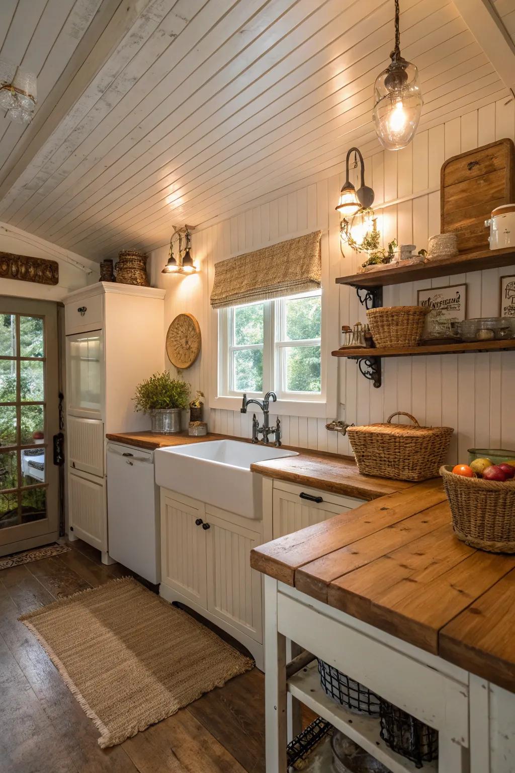 Incorporate countryside allure using adorned ceilings.