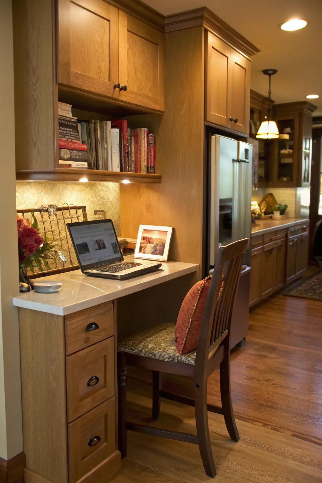 A built-in workstation transforms a corner into a practical work zone.
