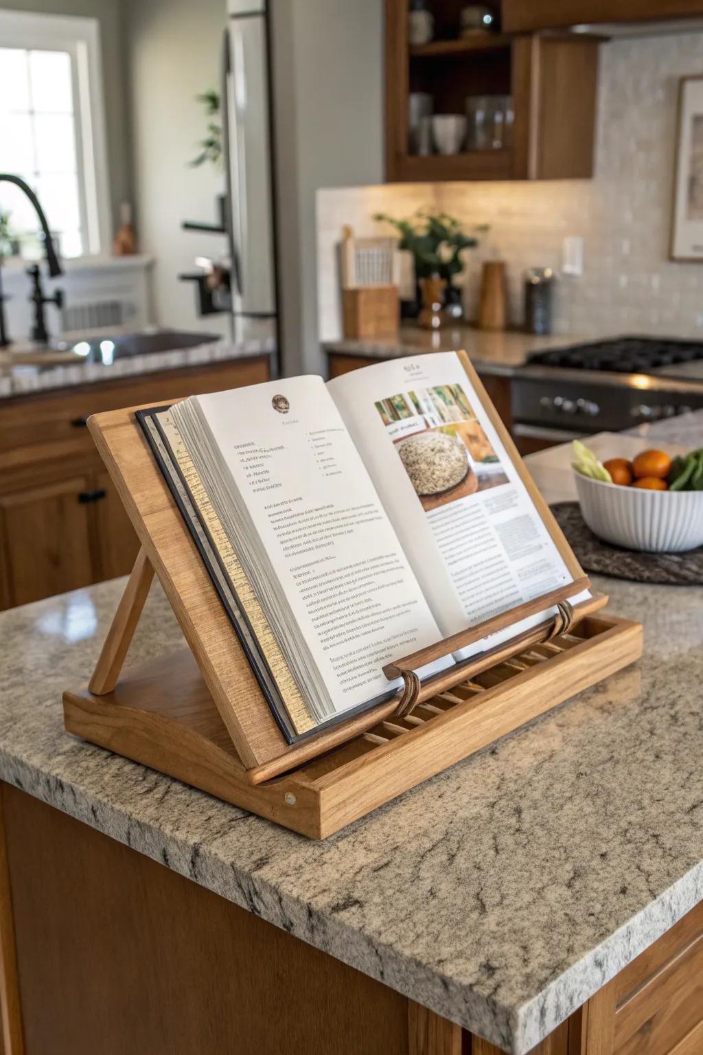 A cookbook display enhances both style and culinary drive.