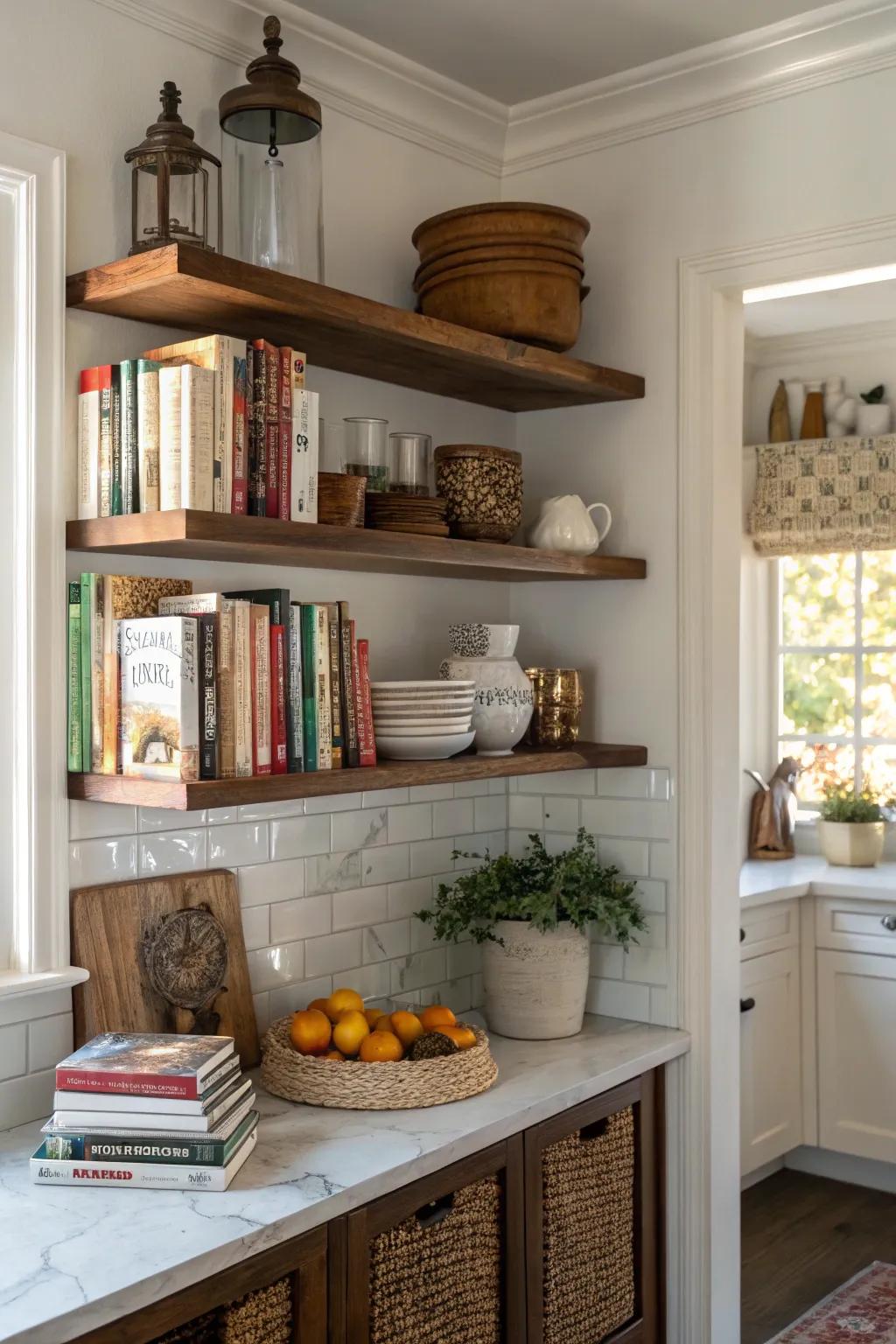 Efficient use of corner space with L-shaped shelves.