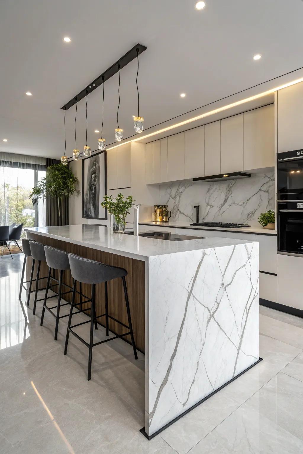 Waterfall countertops provide a sleek and modern look.