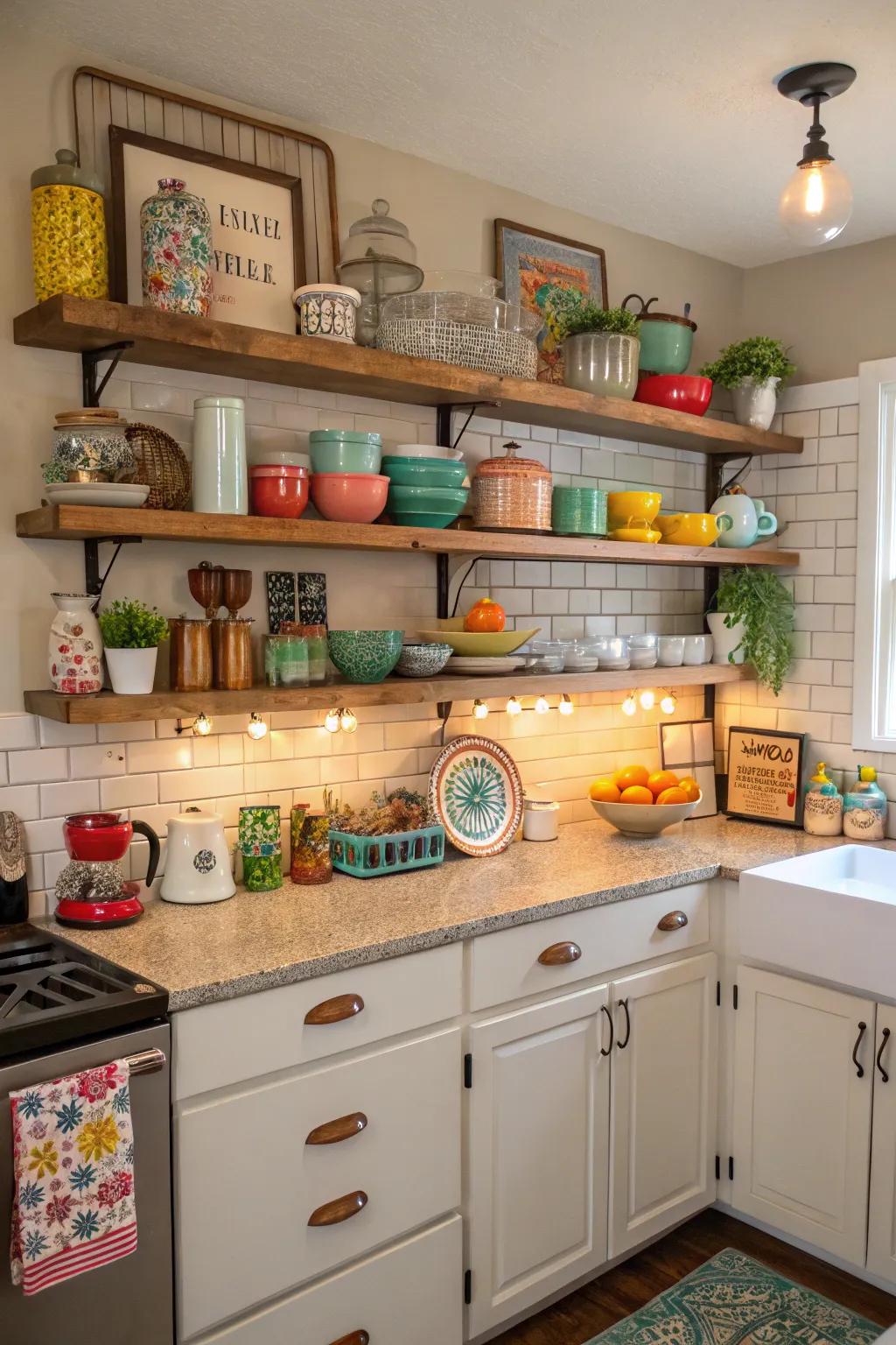 Floating shelves turn kitchens into personal galleries of style.