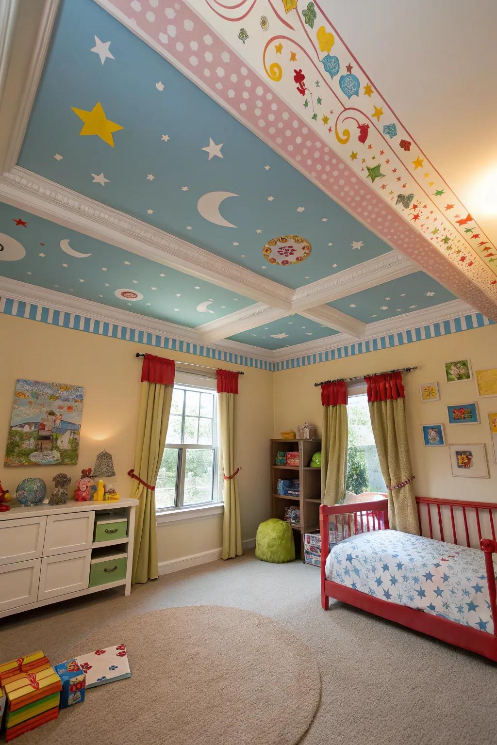 An animated kid’s area featuring broad crown molding outlining an imaginative roof pattern.