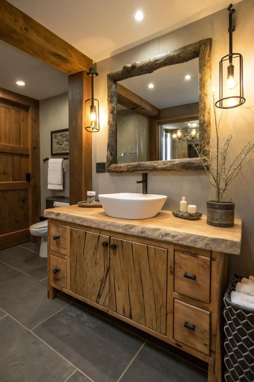 A bathroom vanity showcasing the rustic elegance of a raw edge countertop.
