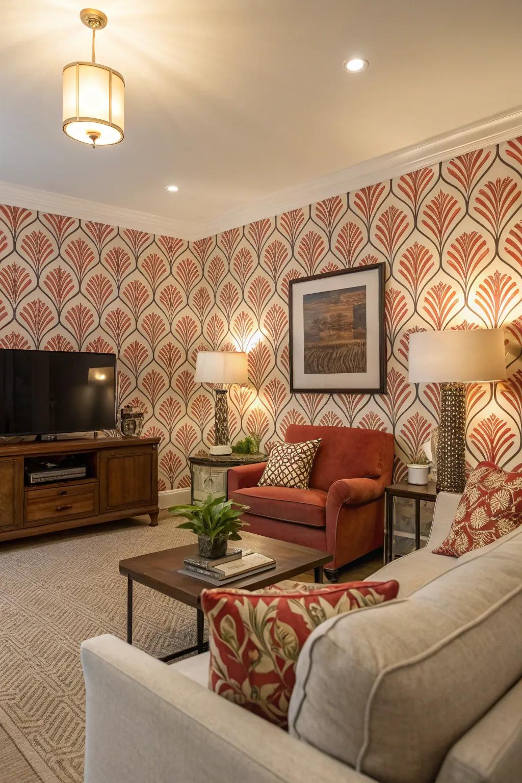 A bold wallpaper transforms this accent wall into a stunning visual centerpiece.